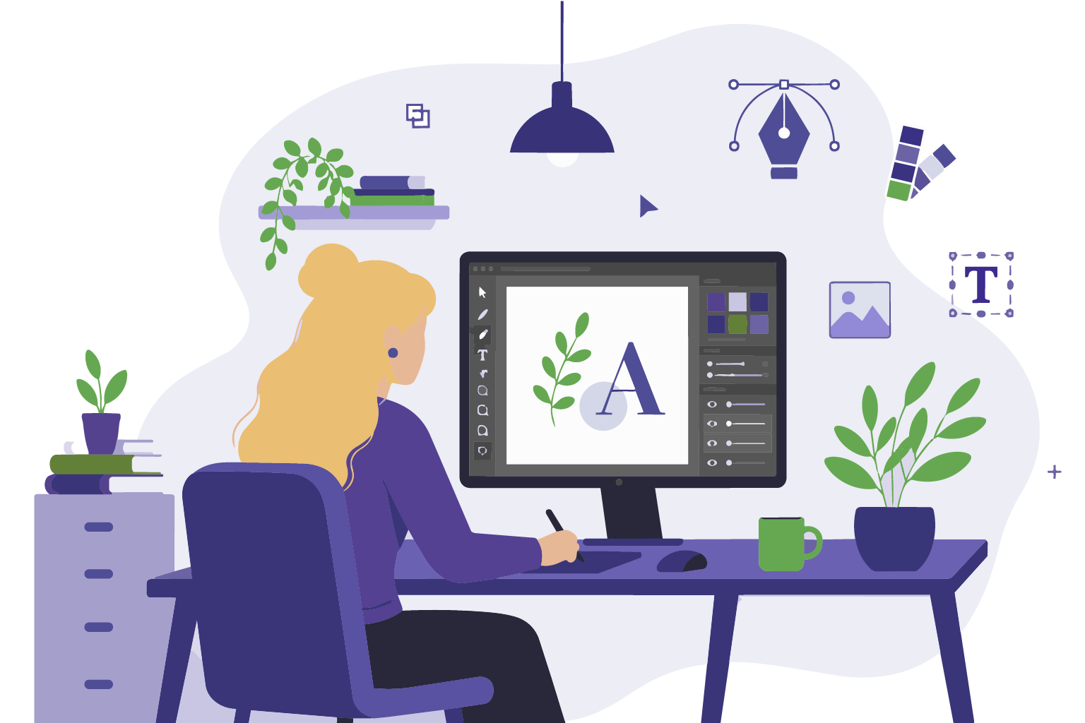 Illustration designer graphique (femme devant son ordinateur et tablette graphique).
