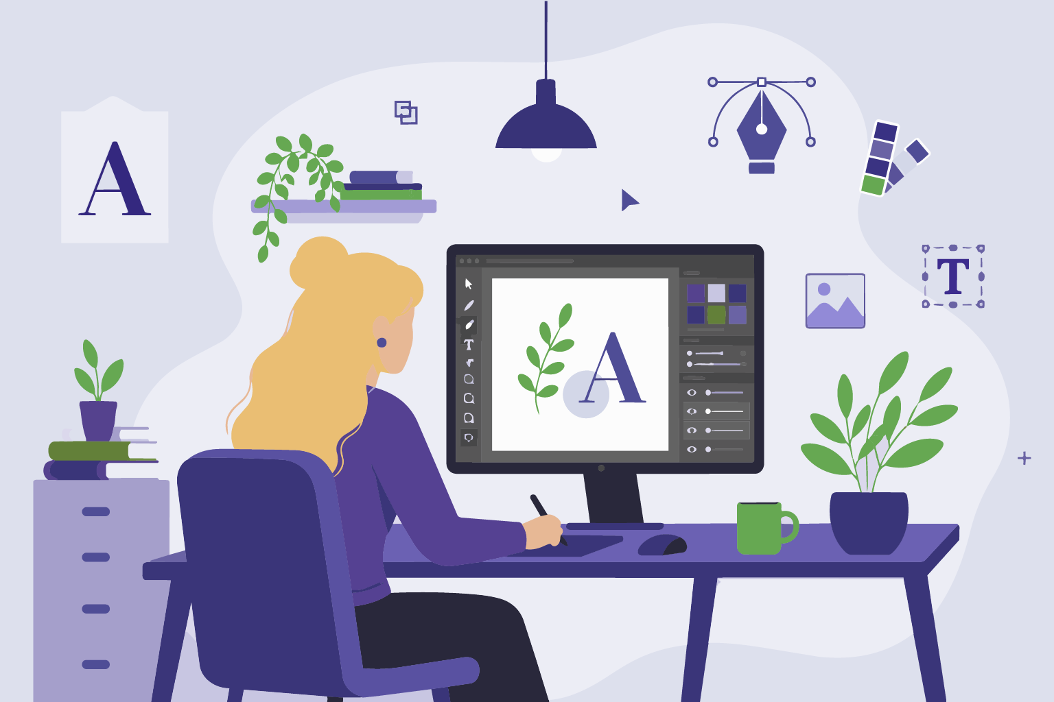 Illustration designer graphique (femme devant son ordinateur et tablette graphique).