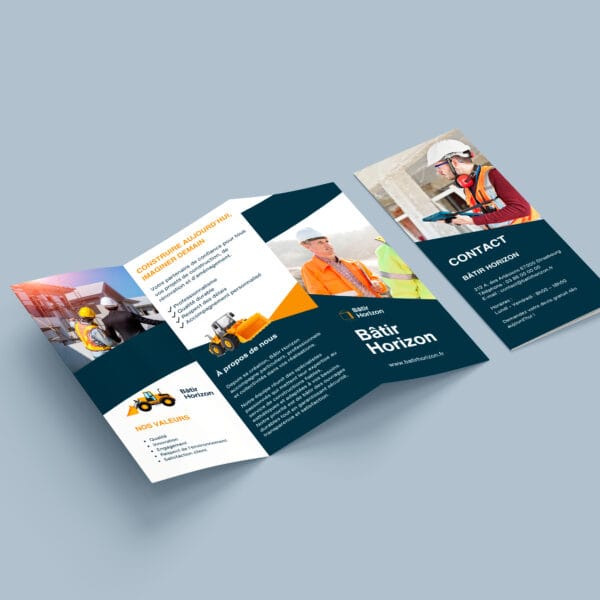 Élaboration dépliant 3 volets Bâtir Horizon, supports de communication imprimés. Portfolio graphiste
