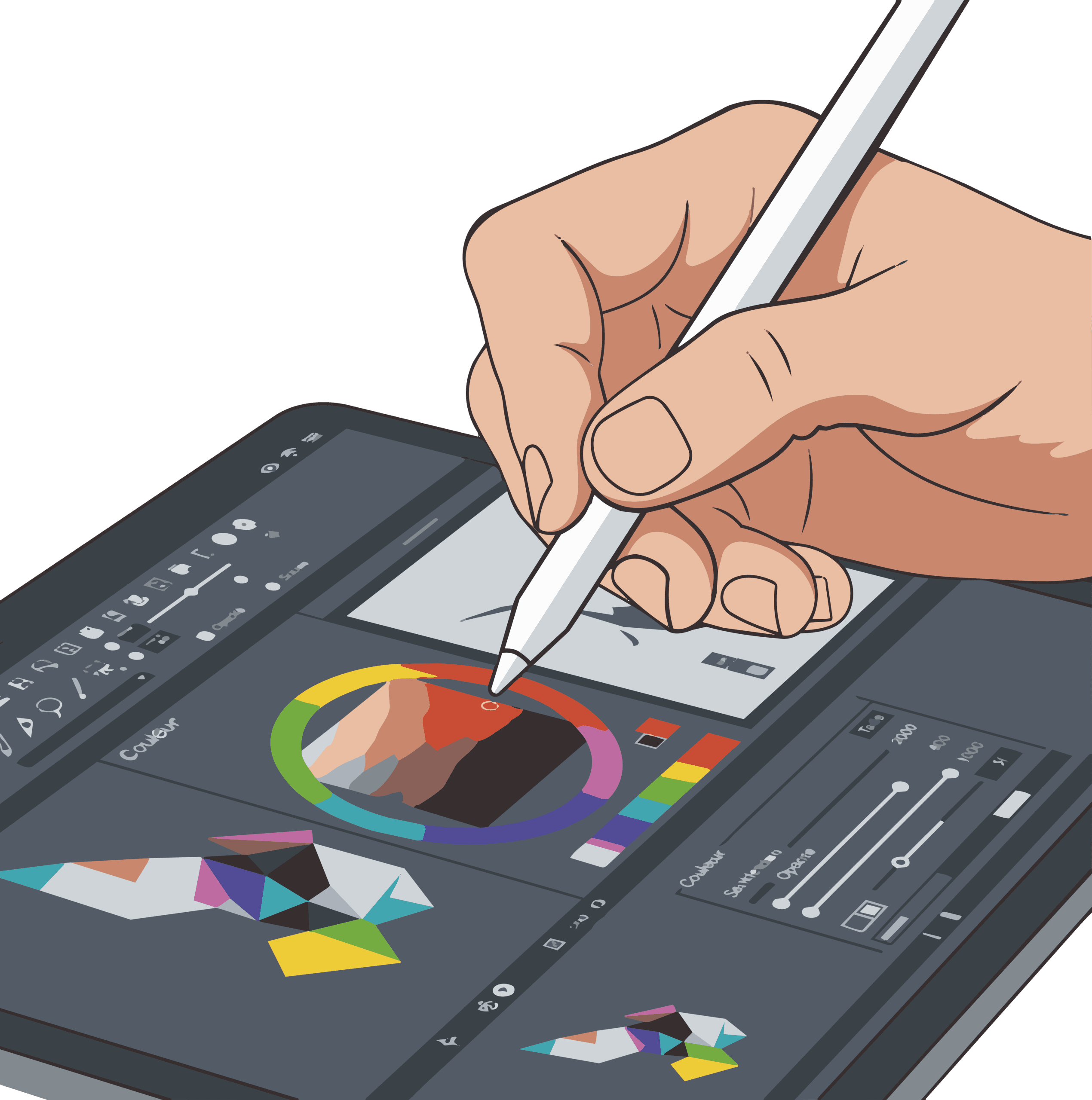 Illustration d'une tablette graphique de graphiste. Logo, identité visuelle et charte graphique.