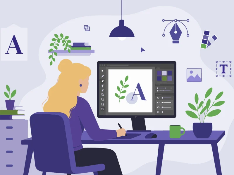 Illustration designer graphique (femme devant son ordinateur et tablette graphique).